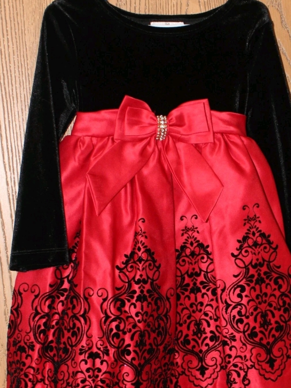 Rare Editions Black Velvet & Red Long-Sleeve Jewel Bow Dress